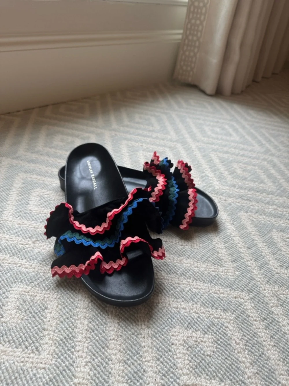 Loeffler Randall Black Slides with Multicolor Ruffle Trim - Picture 2 of 6